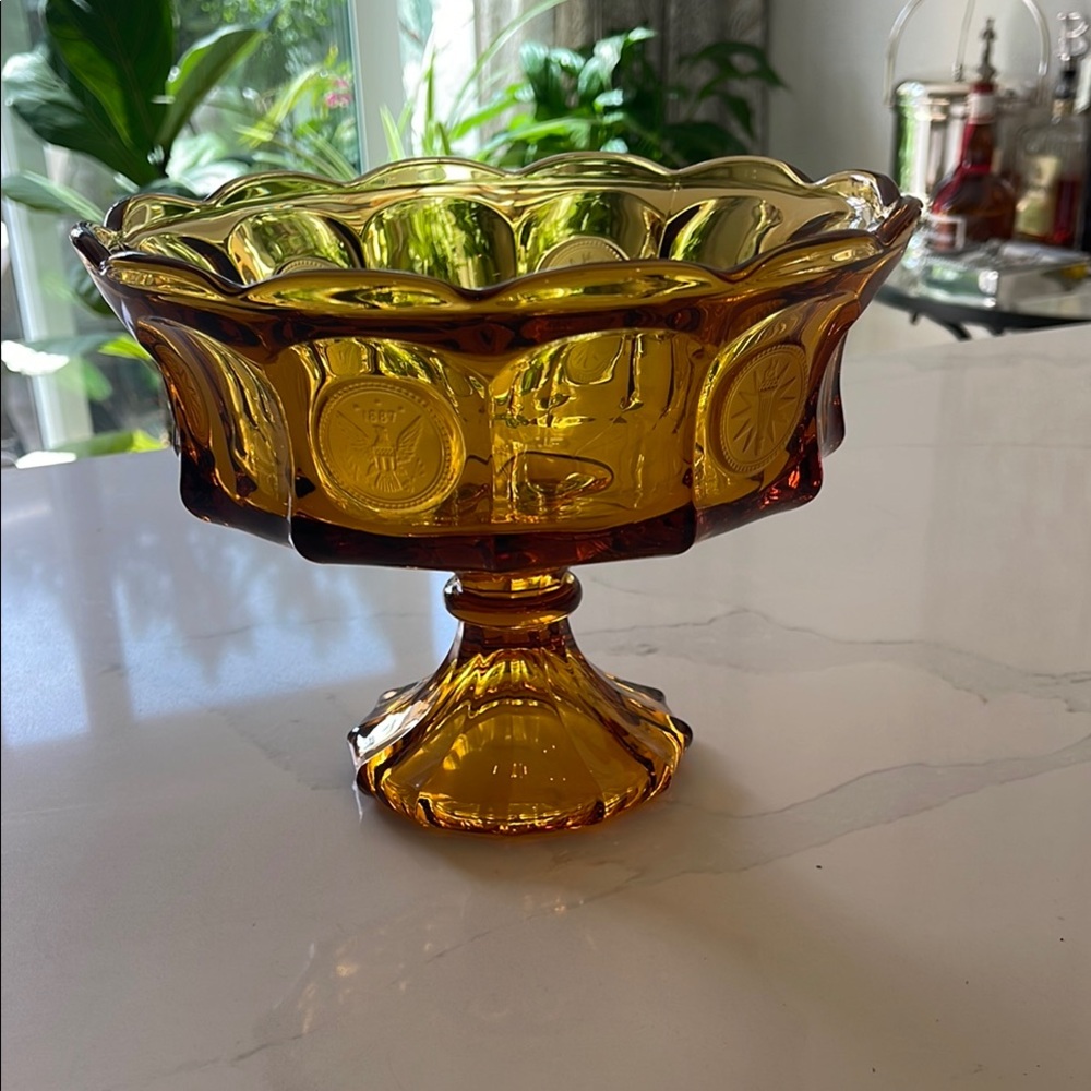 Fostoria 1887 Liberty Eagle Coin Amber Glass Footed Compote.